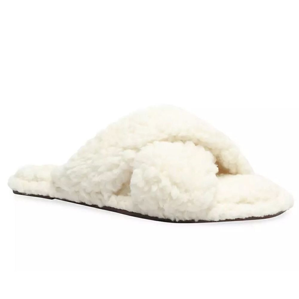 Schutz Off White Fuzzy Crisscross Faux Shearling Slides Size 5.5B
